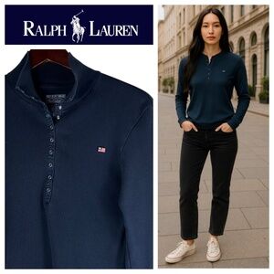 Ralph Lauren Polo Jeans Co Henley Shirt Top Sz Large Navy Blue Ribbed Preppy
